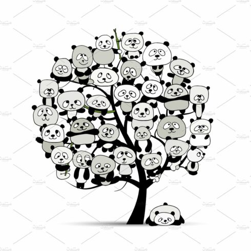 Tree with funny pandas, sketch for cover image.