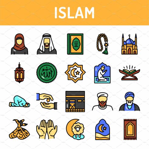 Islam color line icons set. Signs cover image.