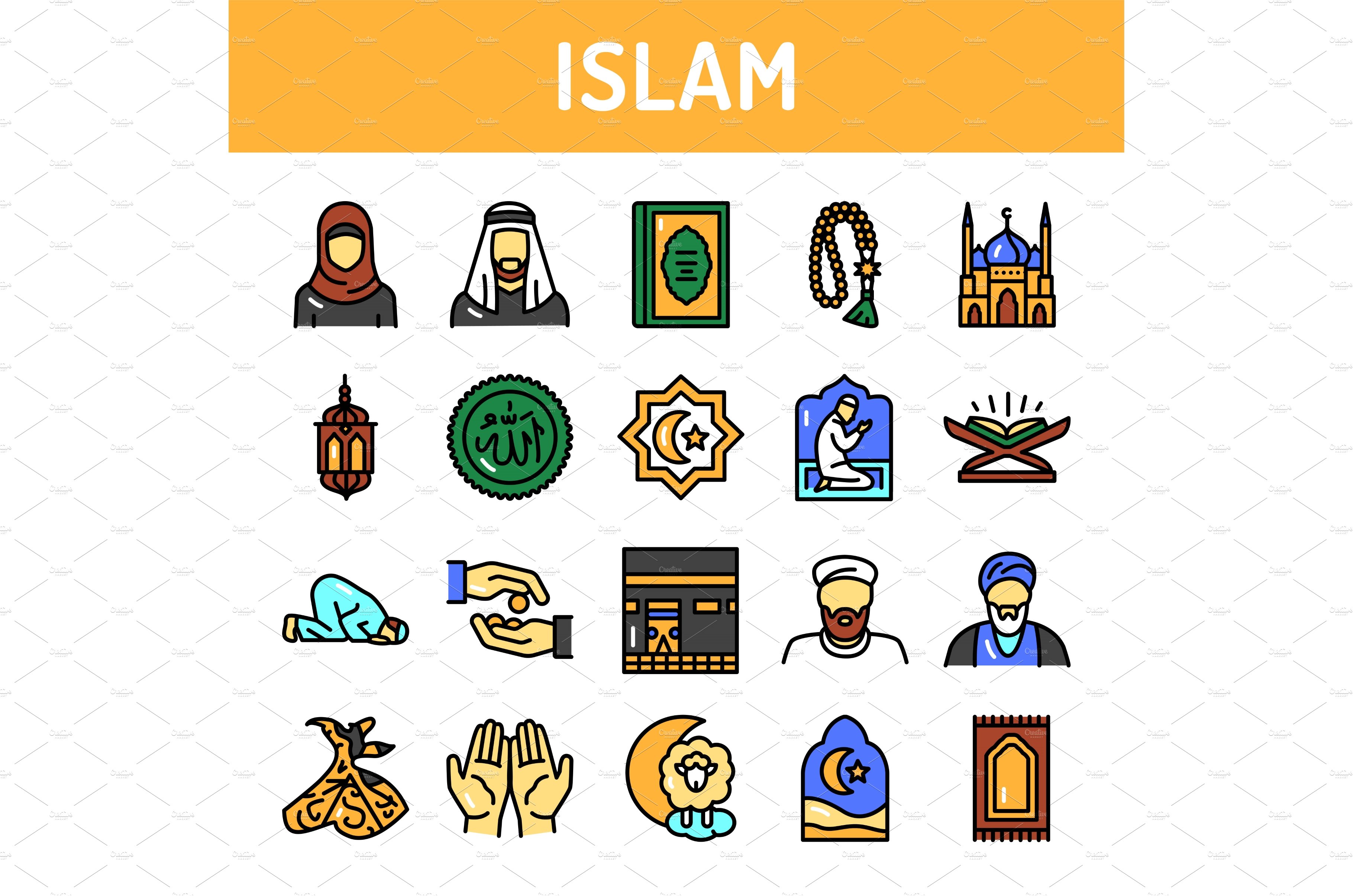 Islam color line icons set. Signs cover image.