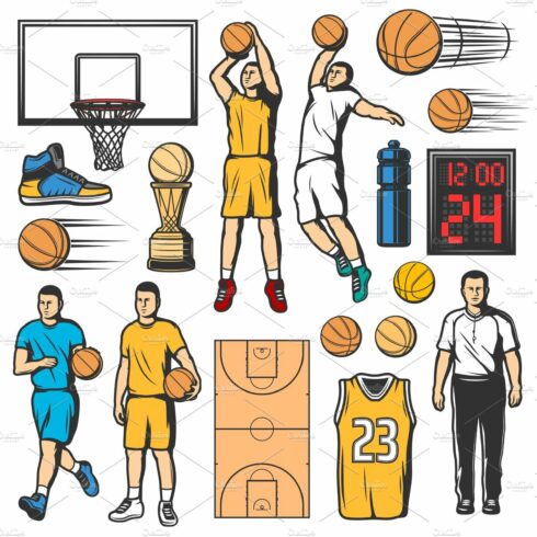 Basketball icons, players and items cover image.