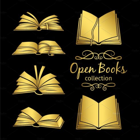 Golden open books icons cover image.