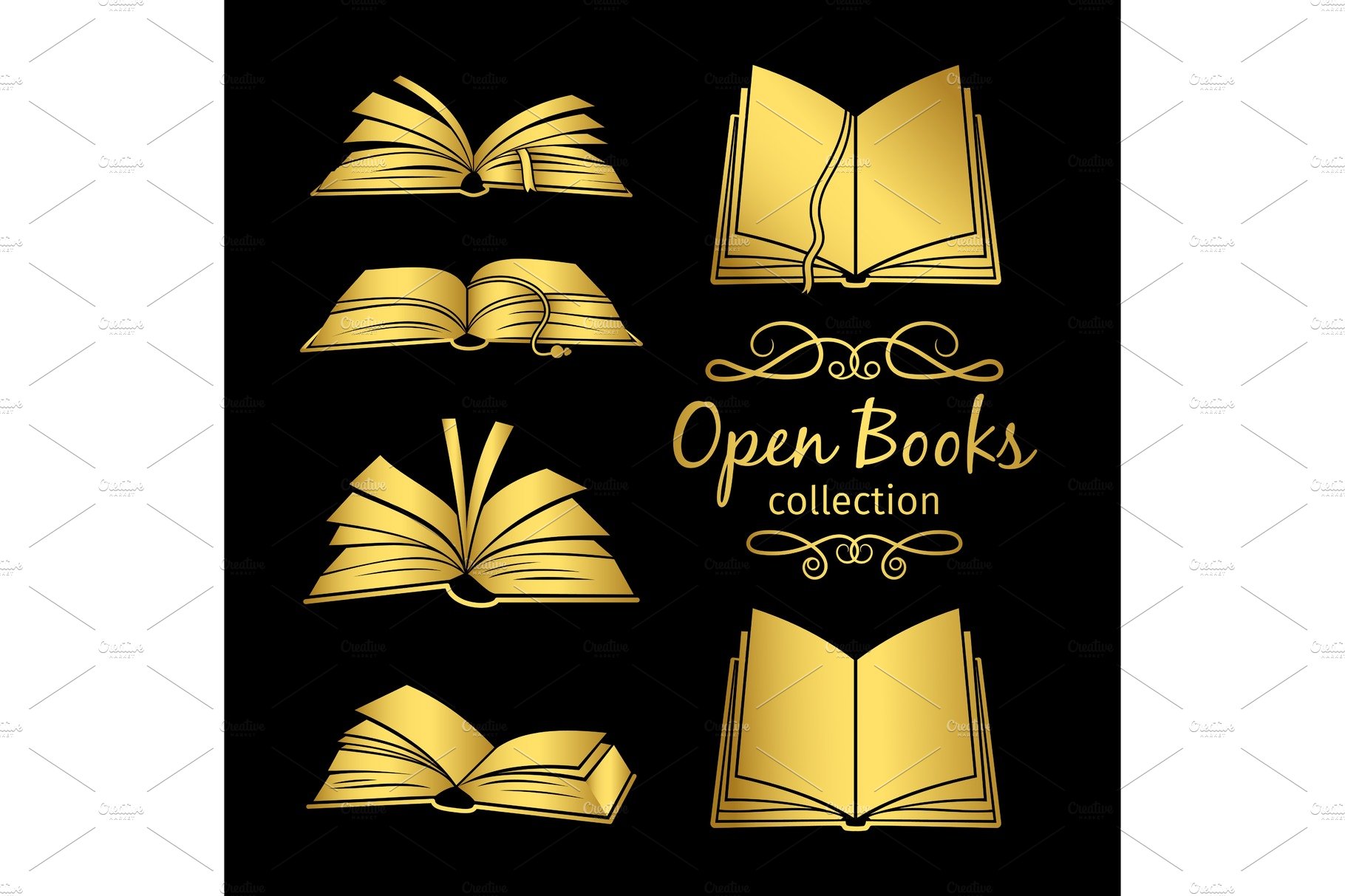 Golden open books icons cover image.