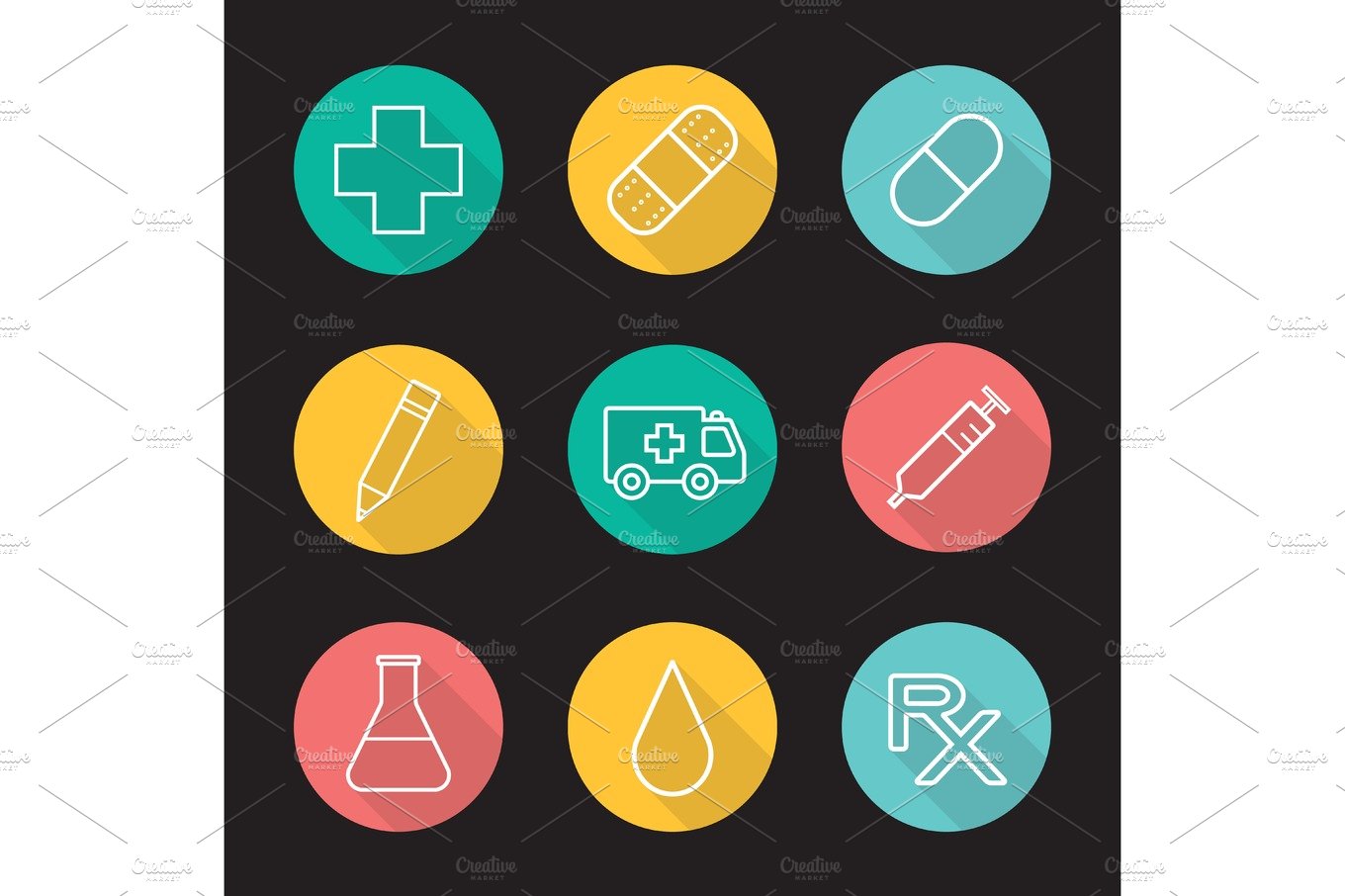 Hospital flat linear long shadow icons set cover image.