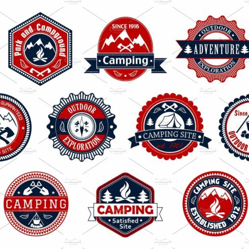 Camping, outdoor adventure badge for travel design cover image.