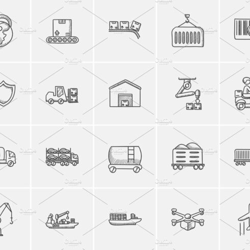 Industry sketch icon set. cover image.