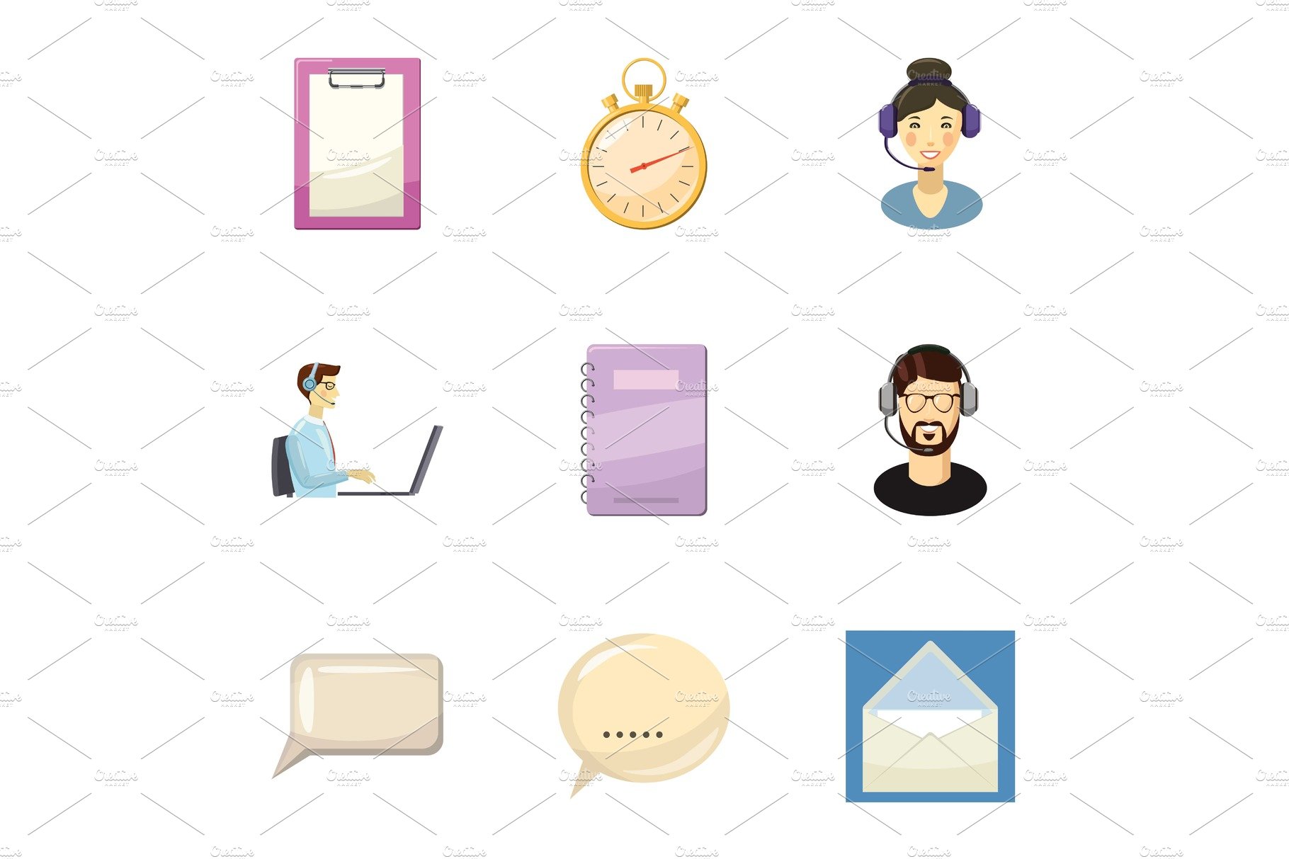 Customer support icons set, cartoon cover image.