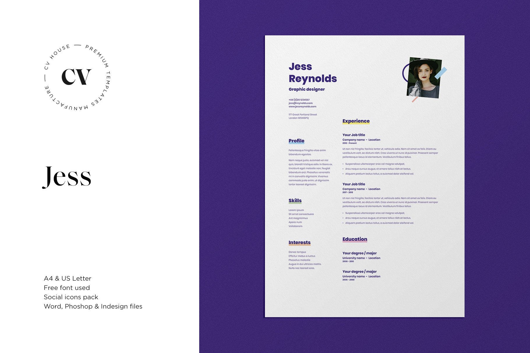 Jess | CV / resume template cover image.