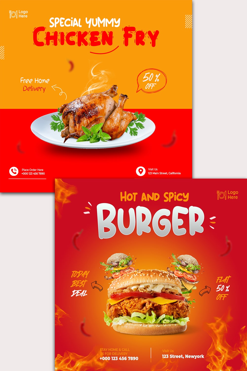 Two in one Food Social Media Post And Instagram Banner Templates pinterest preview image.