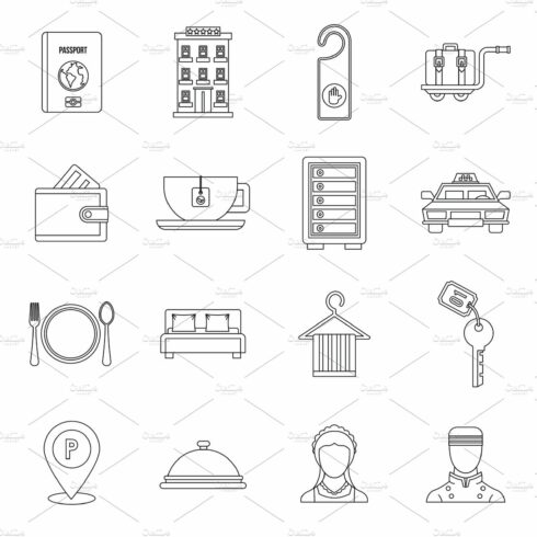 Hotel icons set in outline style cover image.
