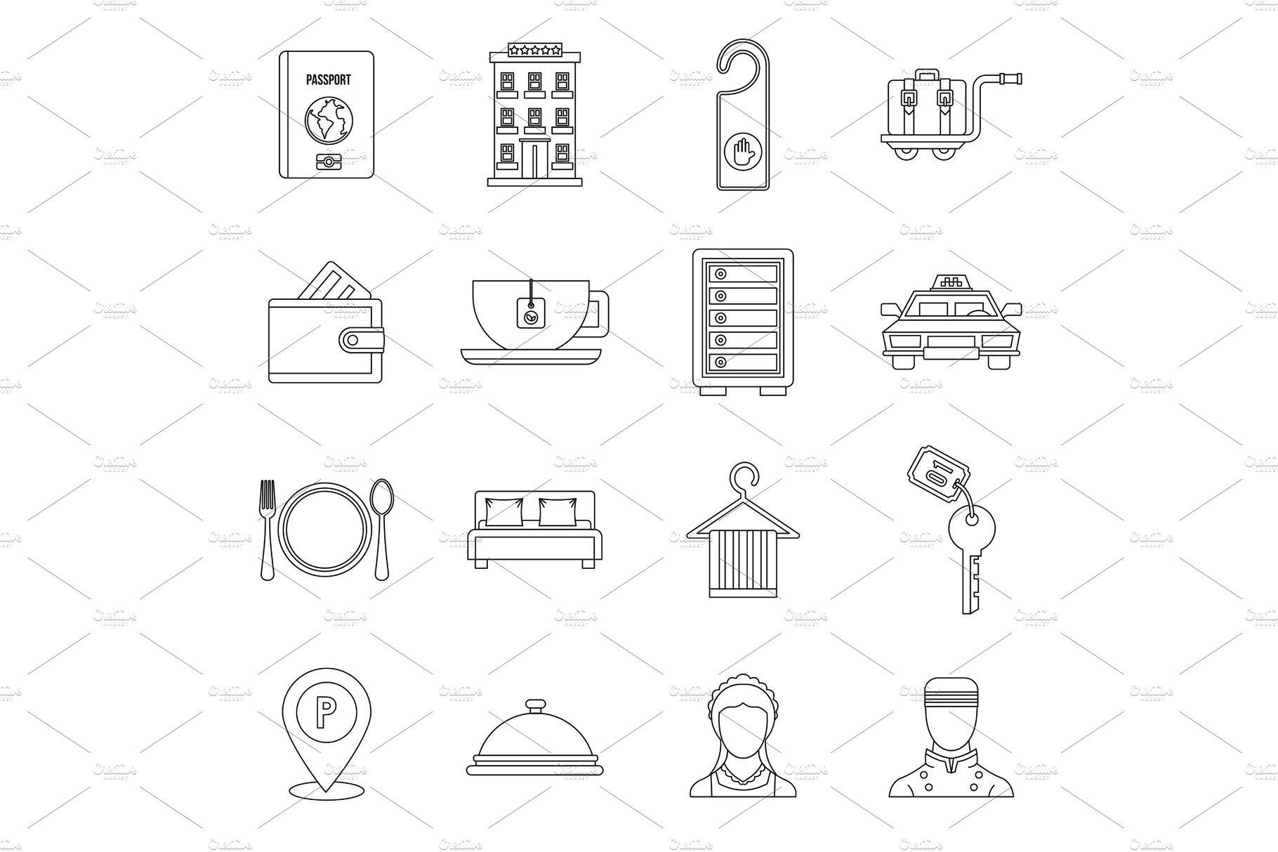 Hotel icons set in outline style cover image.