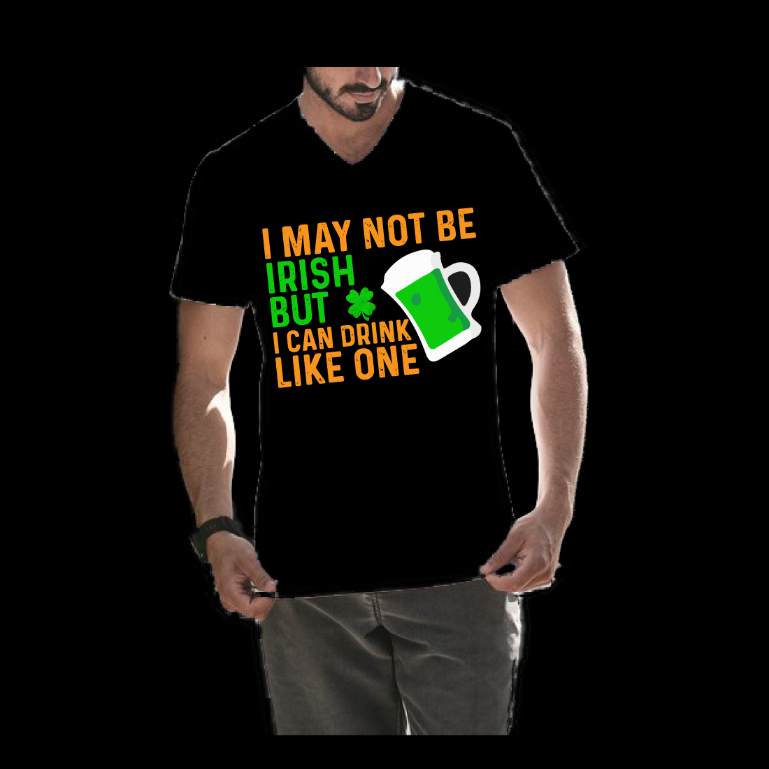 Man wearing a black t - shirt that says i may not be irish but.