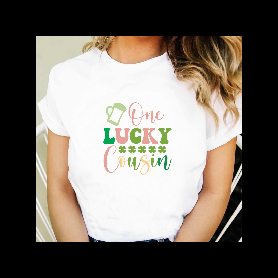 Woman wearing a t - shirt that says one lucky cousin.