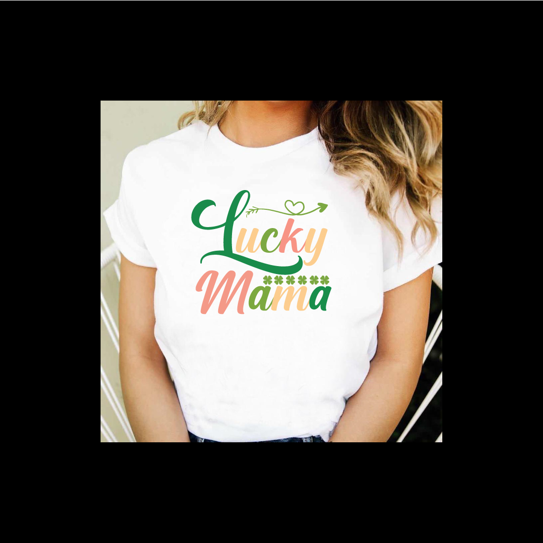 Woman wearing a lucky mama t - shirt.