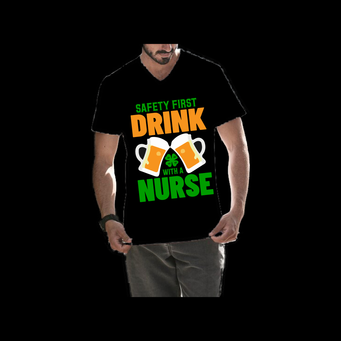 Man wearing a t - shirt that says safety first drink a nurse.