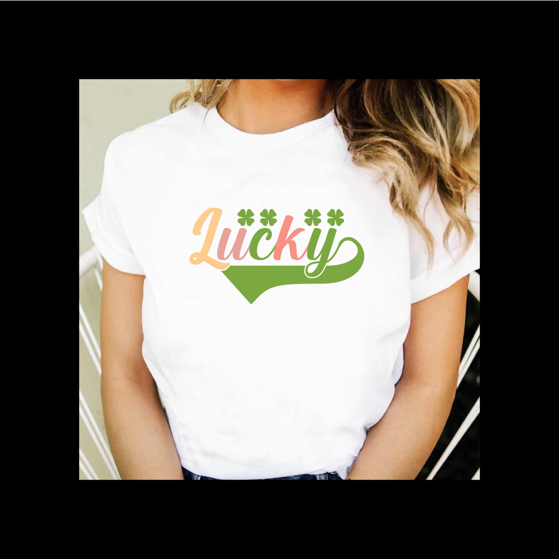 Woman wearing a white shirt with the word lucky on it.