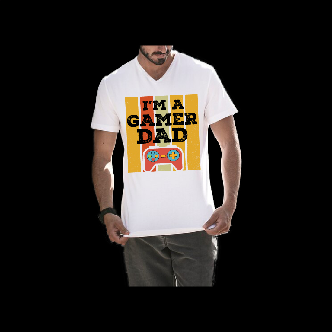 Man wearing a t - shirt that says i'm a gamer dad.