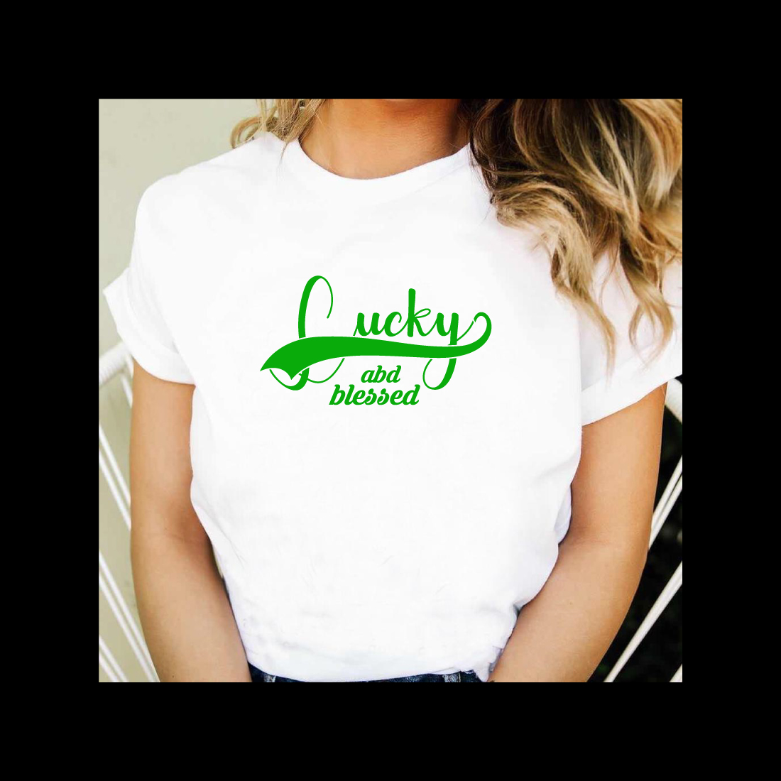 Woman wearing a white t - shirt with green lettering.