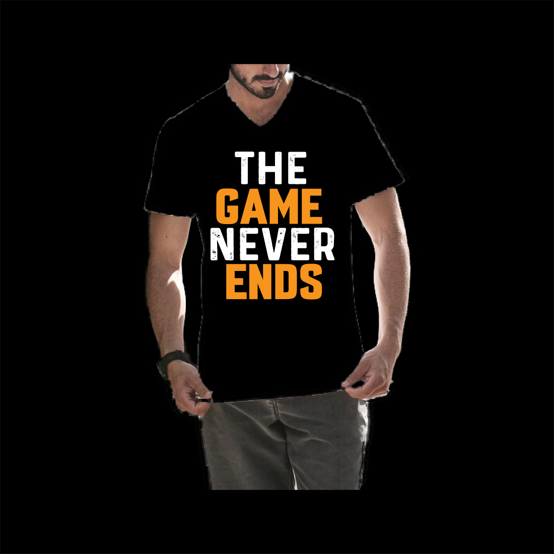 Man wearing a t - shirt that says the game never ends.