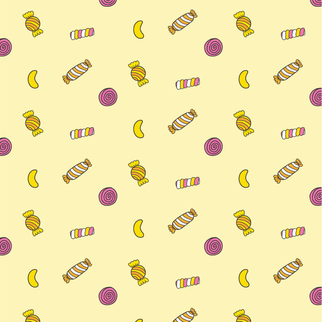 Yellow background with candy and lollipops.