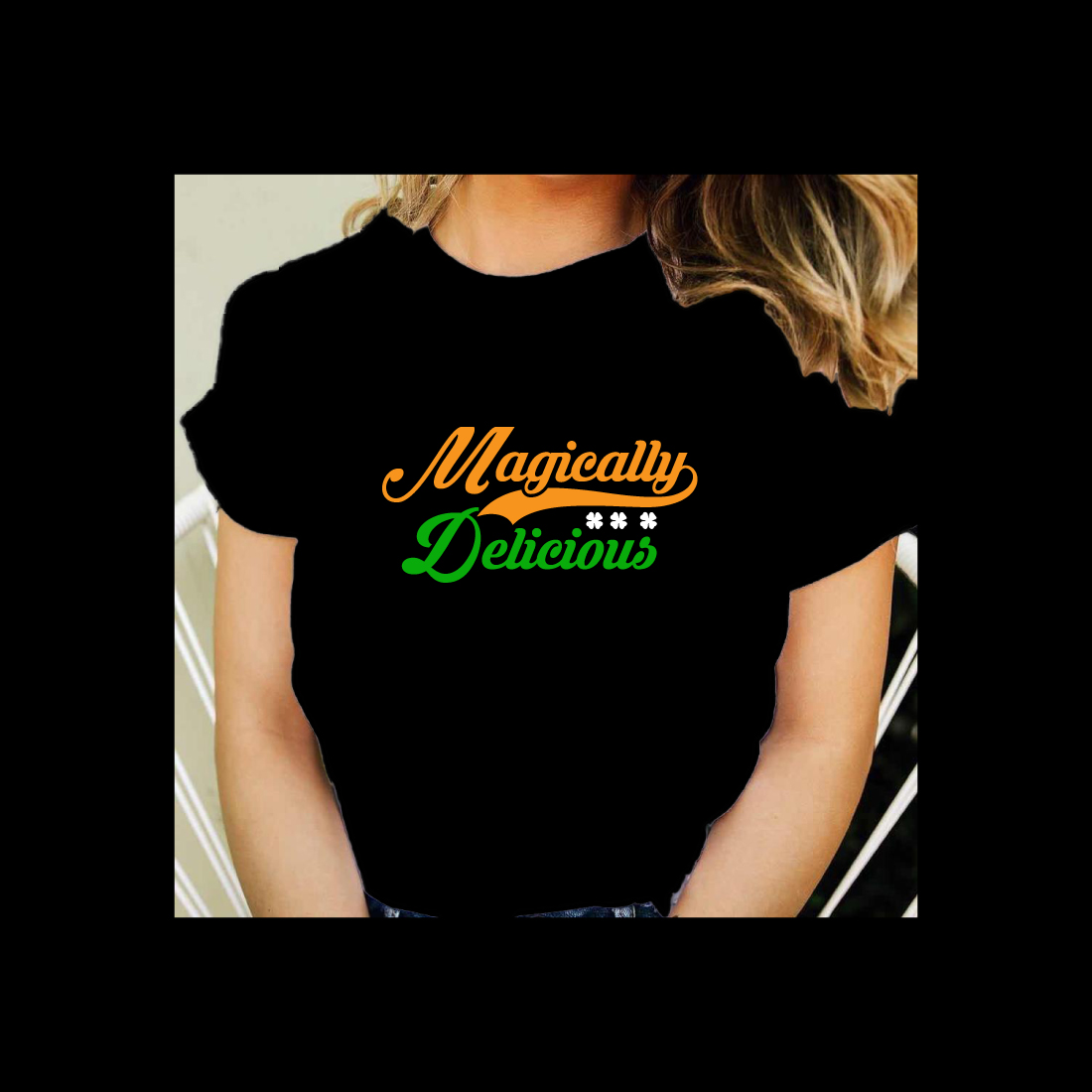 Woman wearing a black t - shirt with the words imaginary delicious on it.