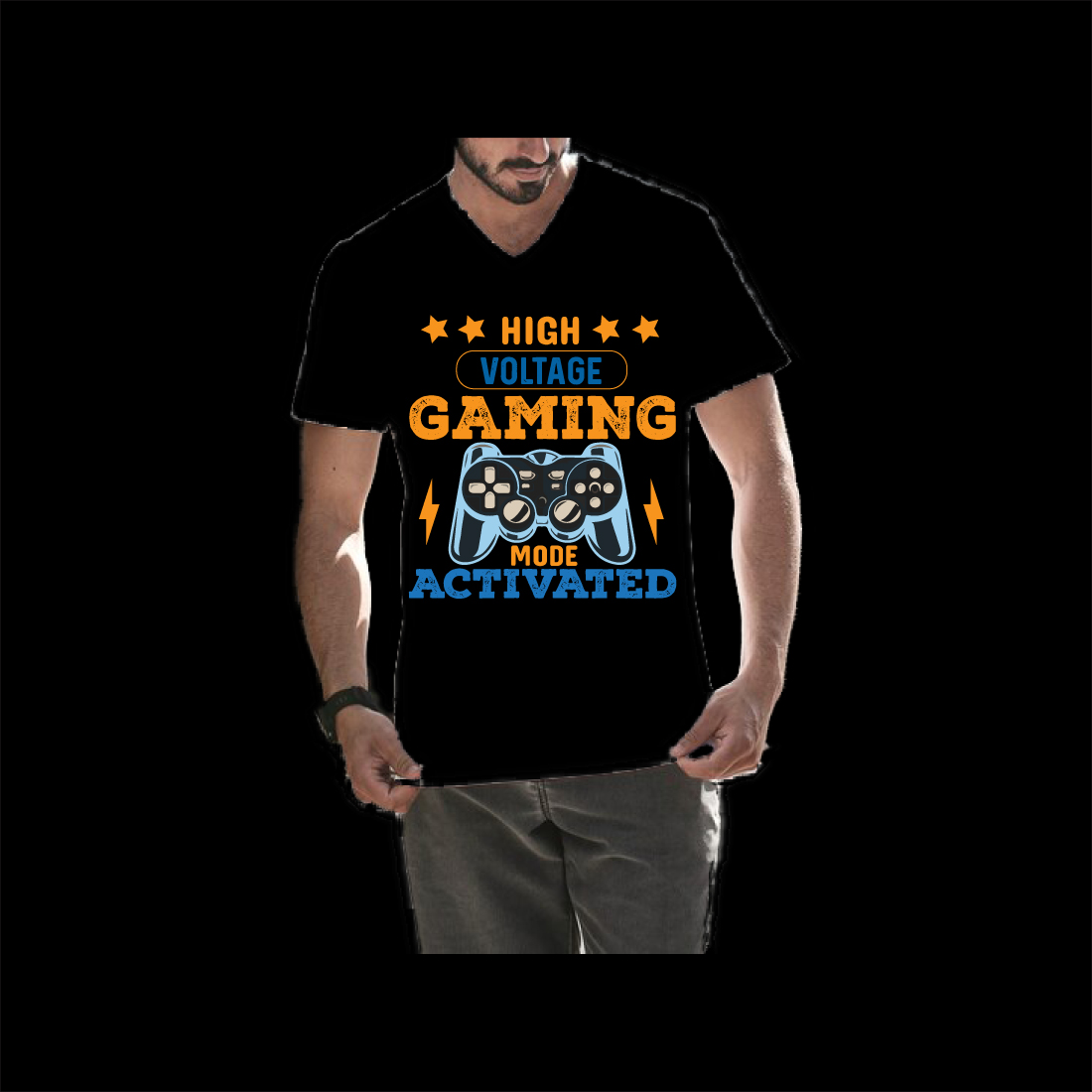 Man wearing a t - shirt that says high voltage gaming made active.