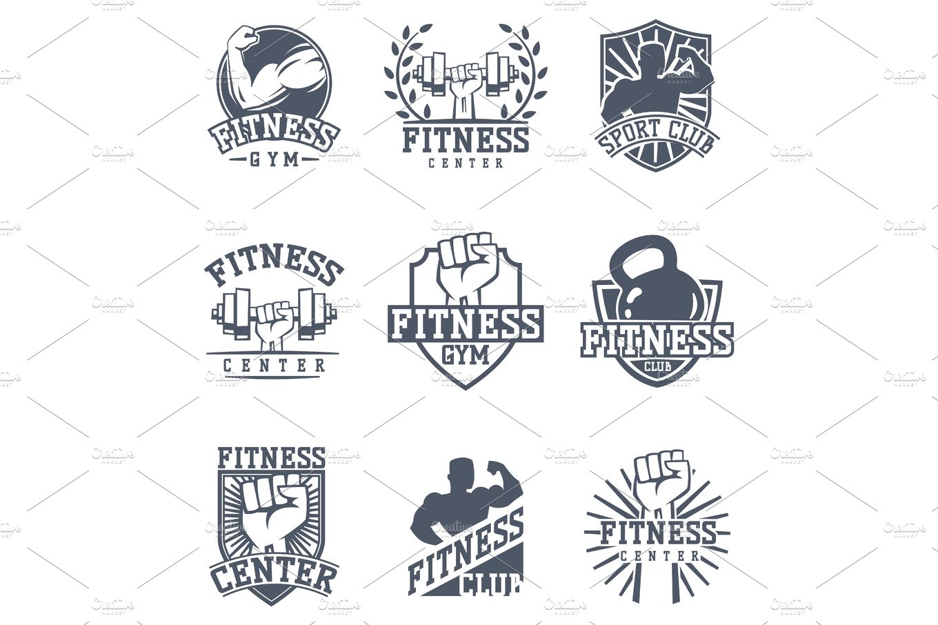 Monochrome fitness emblem design element gym sport club strong equipment si... cover image.