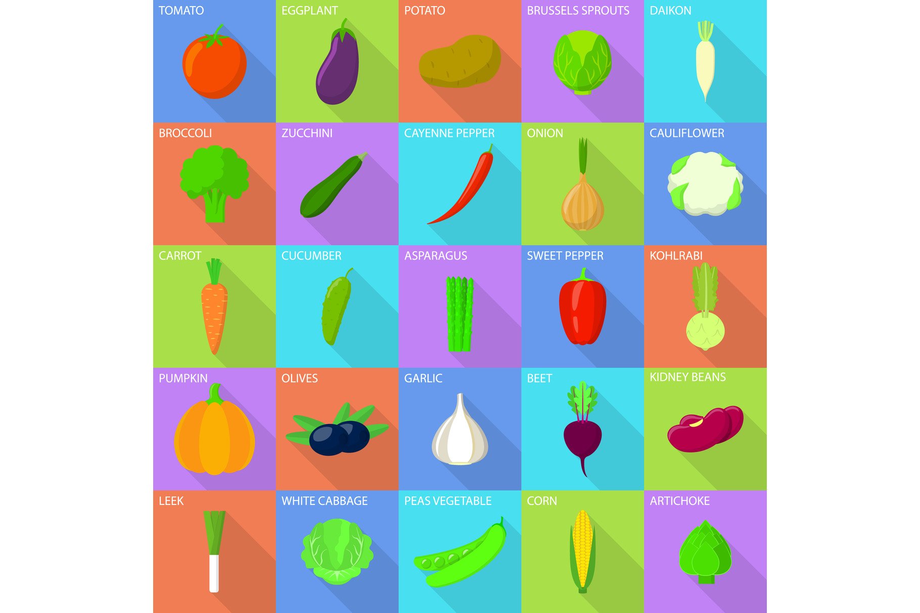 Vegetables food menu icons set, flat cover image.