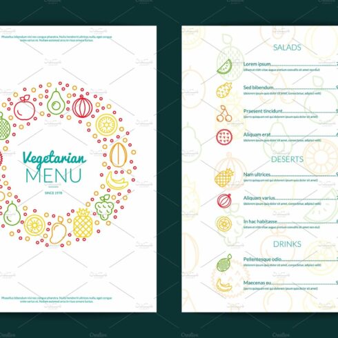 Vector line fruits icons vegan cafe cover image.