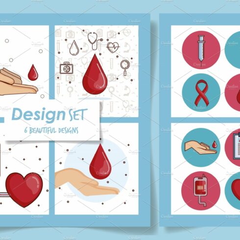 six designs of blood donation and cover image.