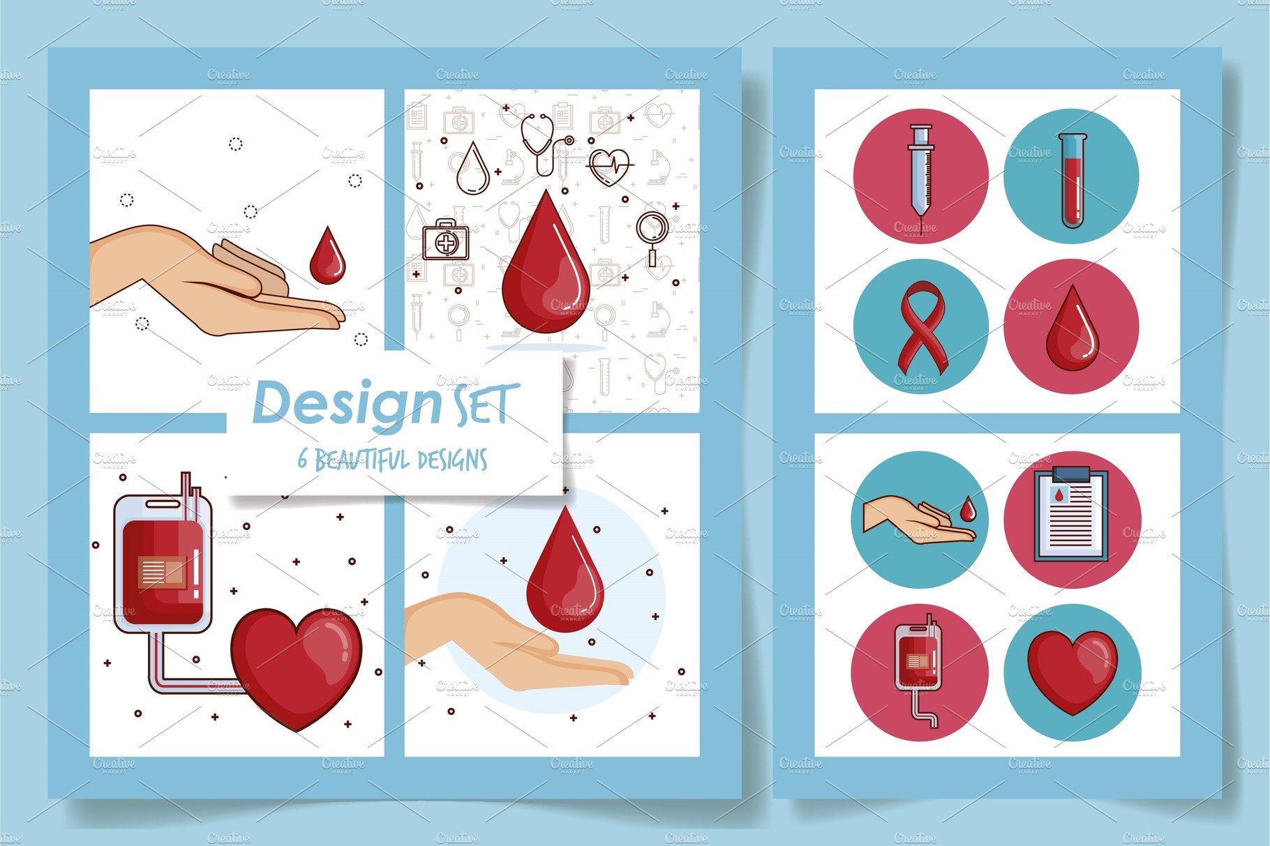 six designs of blood donation and cover image.