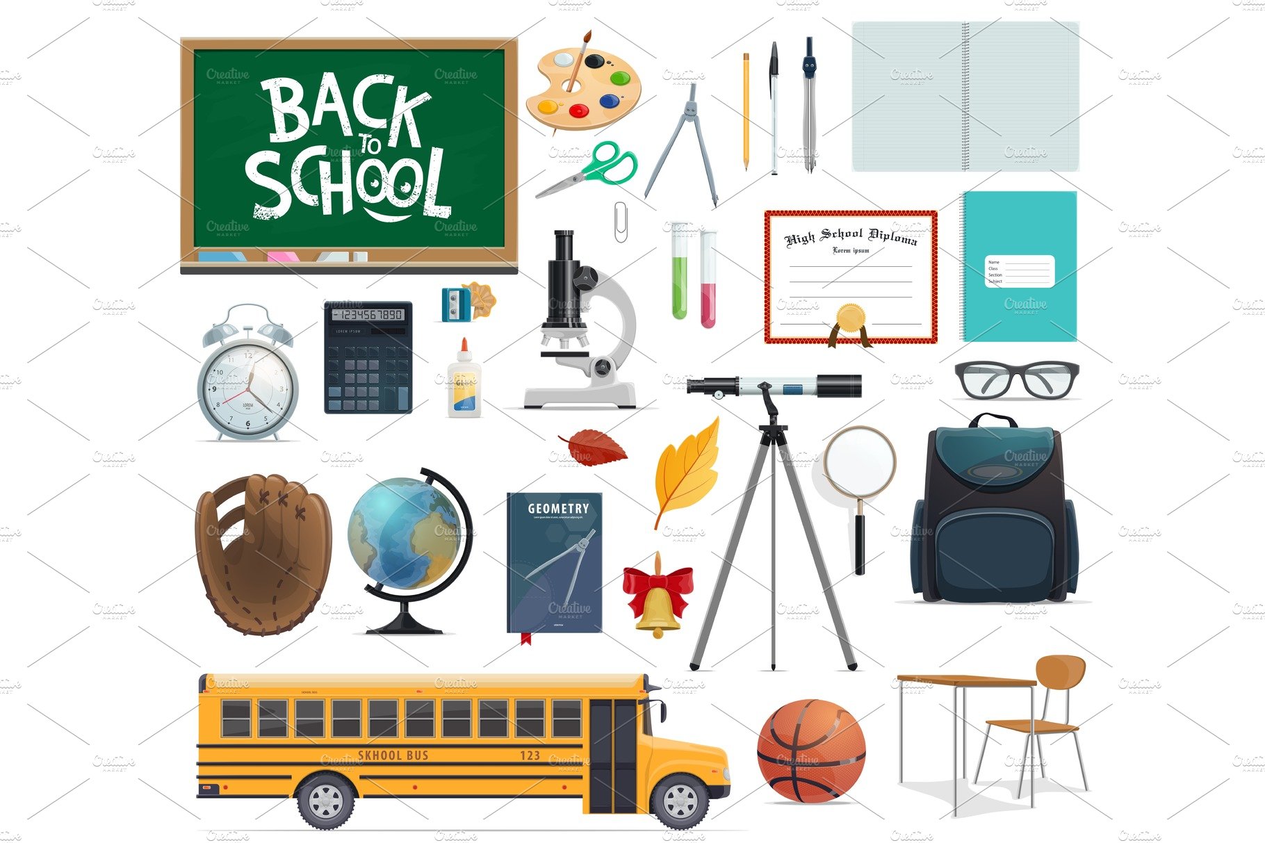 Back to school icon of education supplies and item cover image.