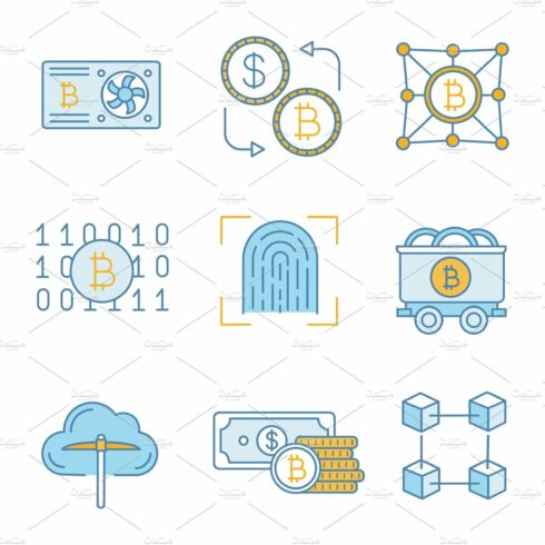Bitcoin cryptocurrency color icons cover image.