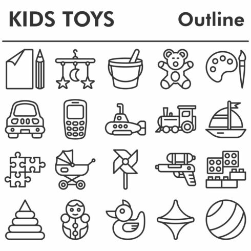 Set, kids toys icons set cover image.
