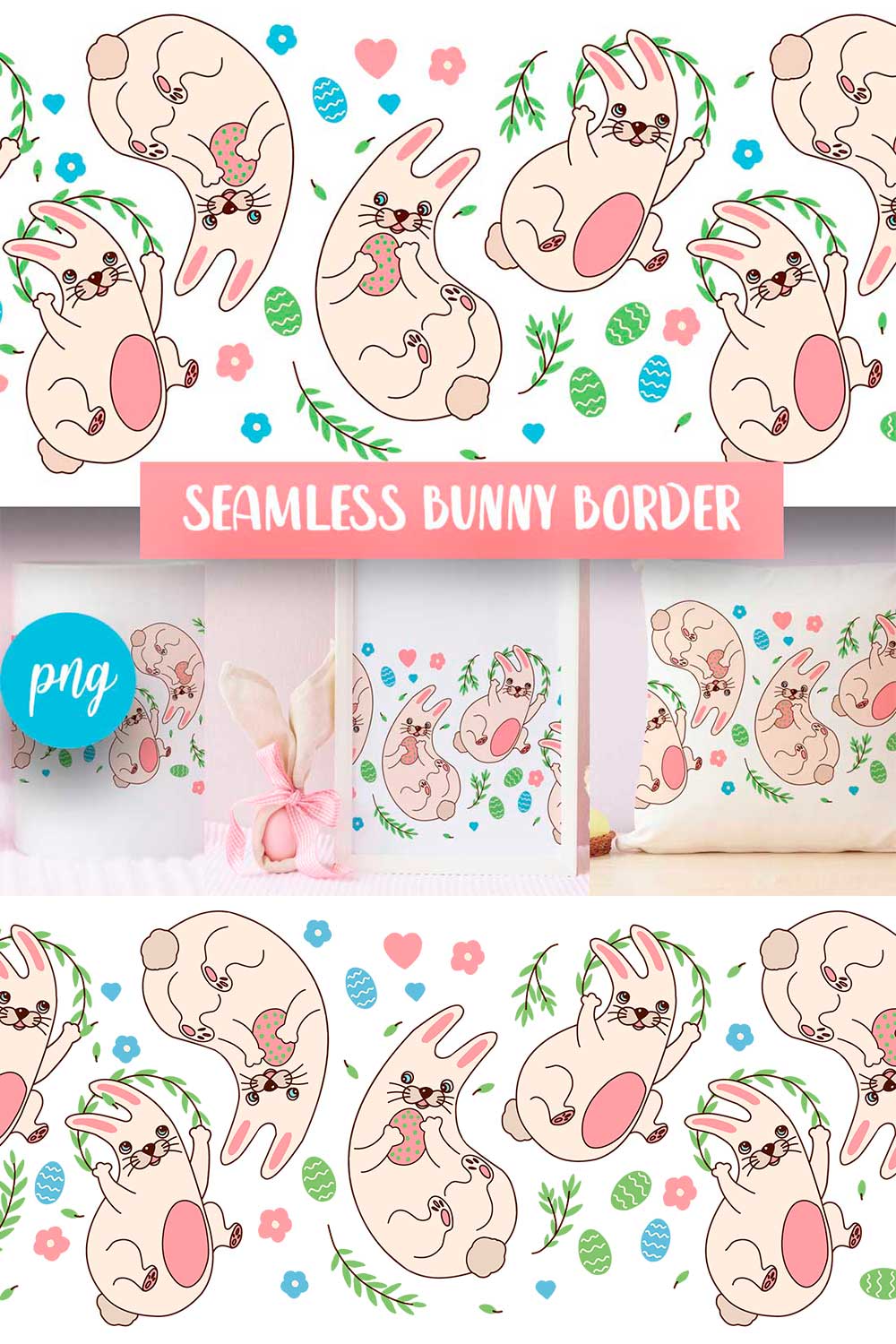 Seamless bunny border PNG+EPS pinterest preview image.