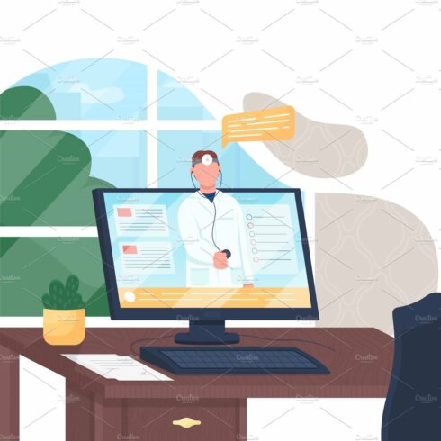 Online doctor flat illustration cover image.