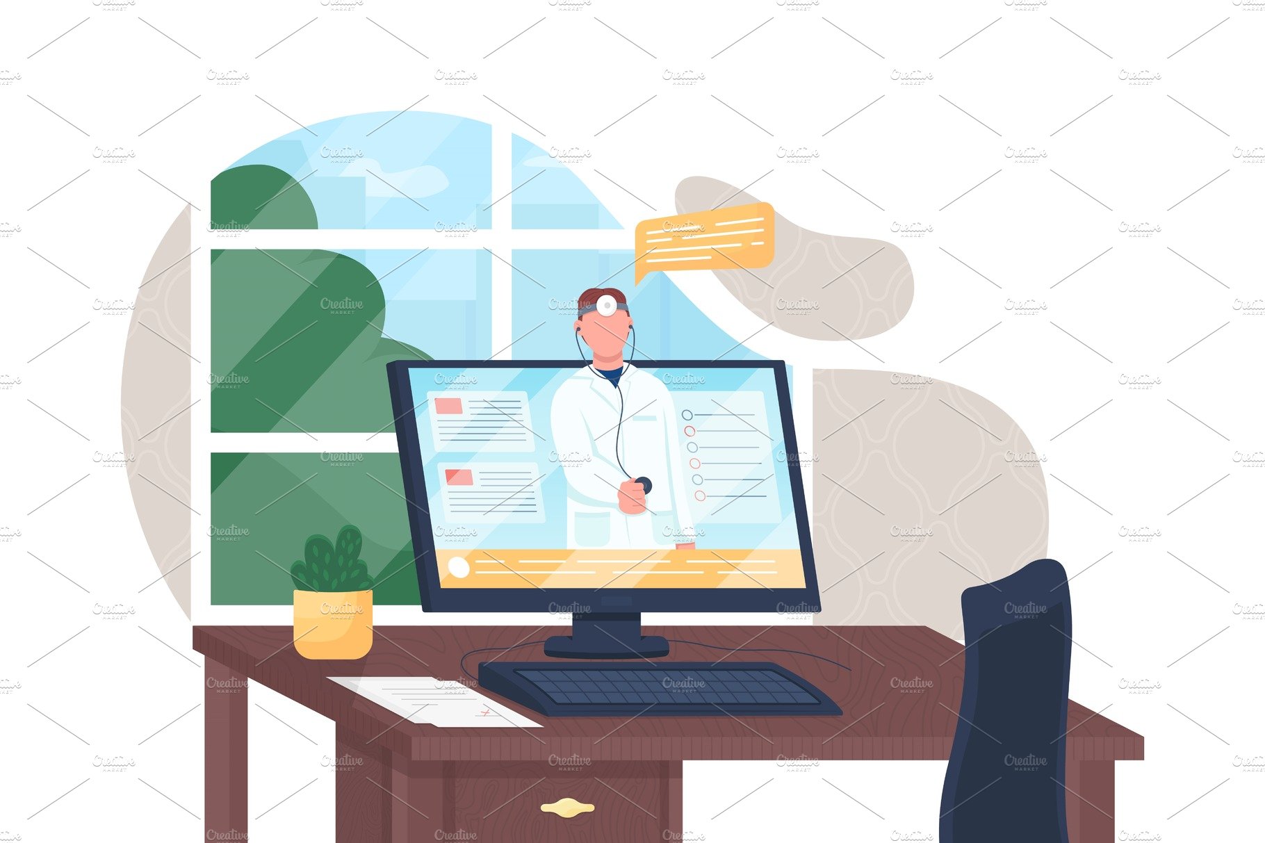 Online doctor flat illustration cover image.