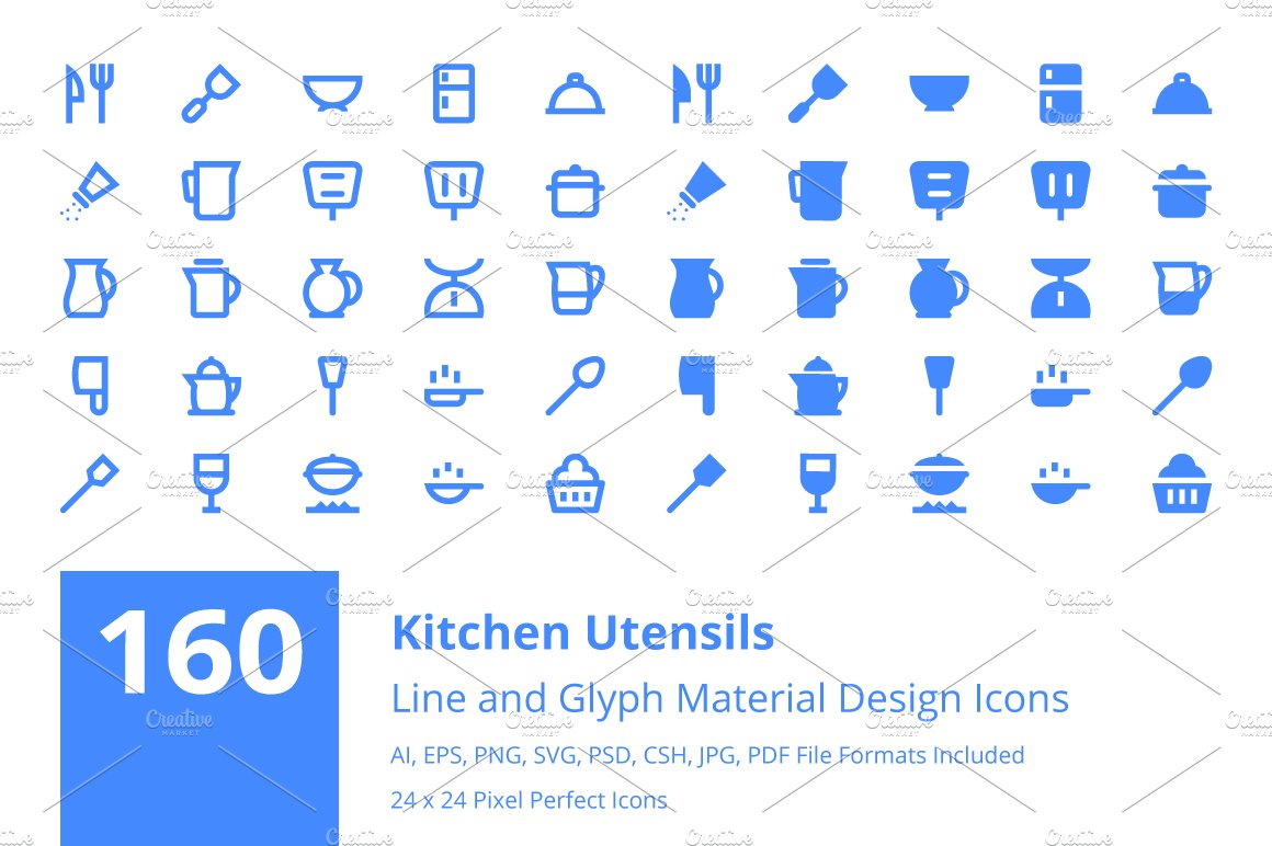 160 Kitchen Utensils Material Icons cover image.