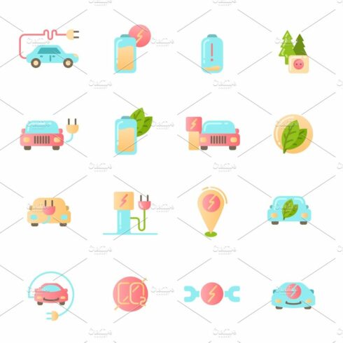 Electric Car icons set. Colored material design signs. cover image.