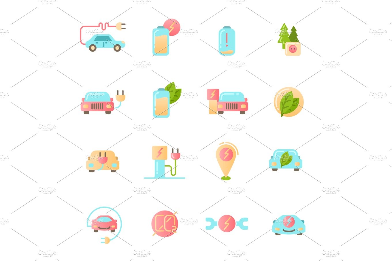 Electric Car icons set. Colored material design signs. cover image.