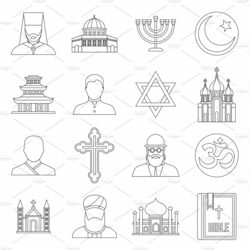 Religious symbol icons set, outline cover image.
