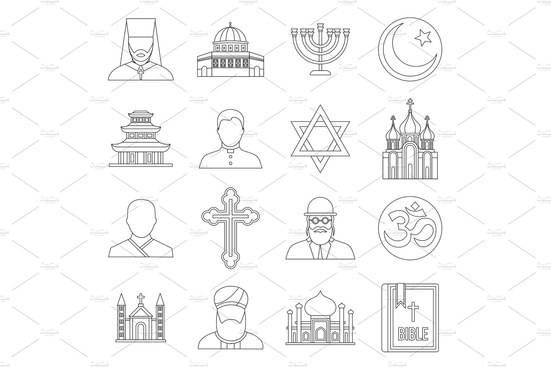 Religious symbol icons set, outline cover image.