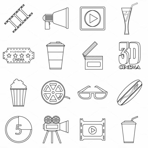Movie items icons set, outline style cover image.