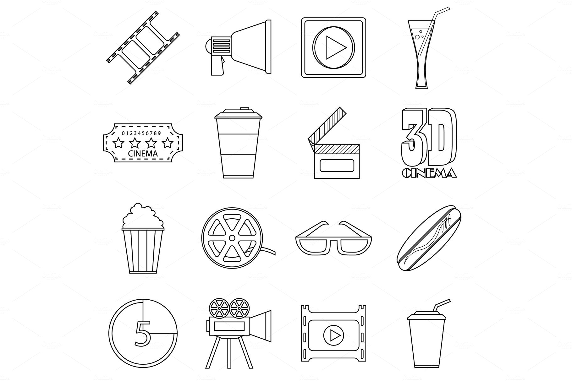 Movie items icons set, outline style cover image.