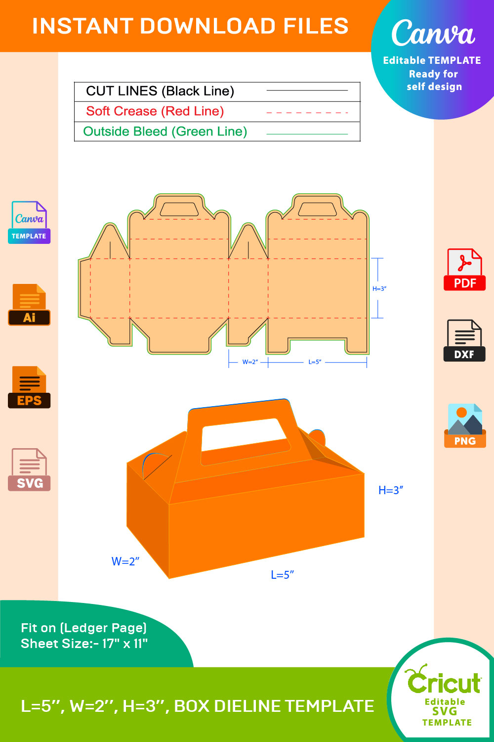 Large Cable Box, Gift Box, Storage Box, Dieline Template SVG, Ai, EPS, PDF, DXF, JPG, PNG File pinterest preview image.