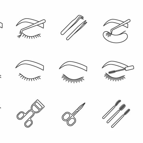 Eyelash extension linear icons set cover image.