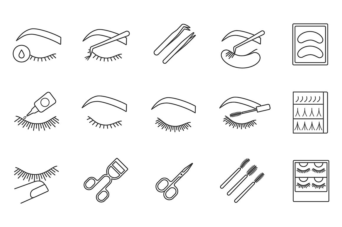 Eyelash extension linear icons set cover image.