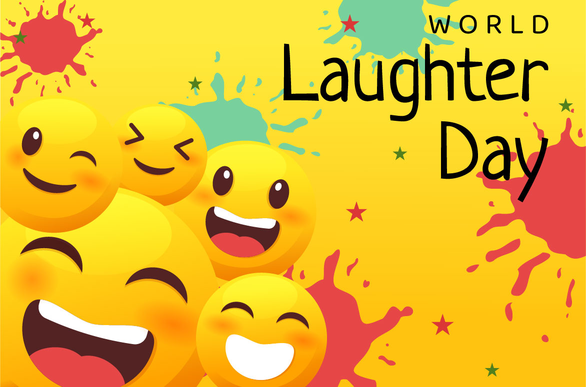 Group of smiley faces with the words world laughter day.