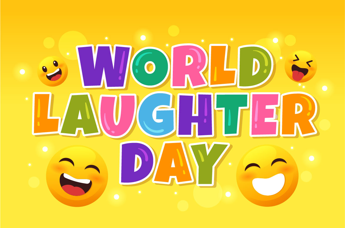 The words world laughter day with smiley faces.