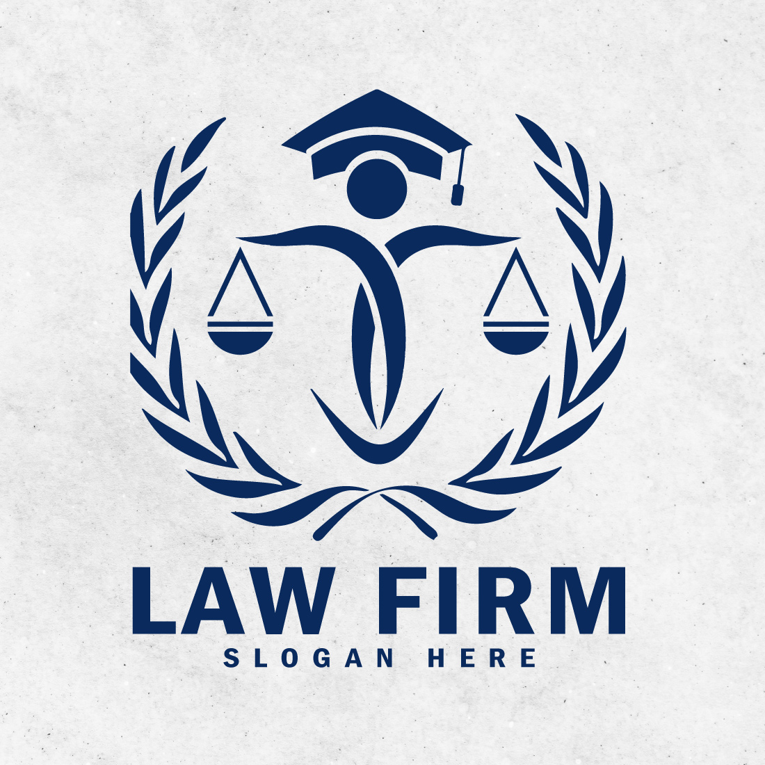 Law firm logo with scales of justice.