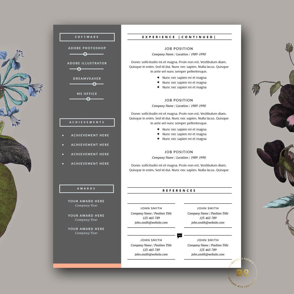 Gray and white resume with flowers on it.
